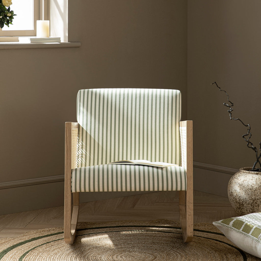Fyne Sage Striped Linen Blend Natural Oak Armchair with Rattan Armrests