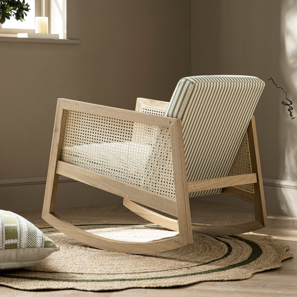 Fyne Sage Striped Linen Blend Natural Oak Armchair with Rattan Armrests
