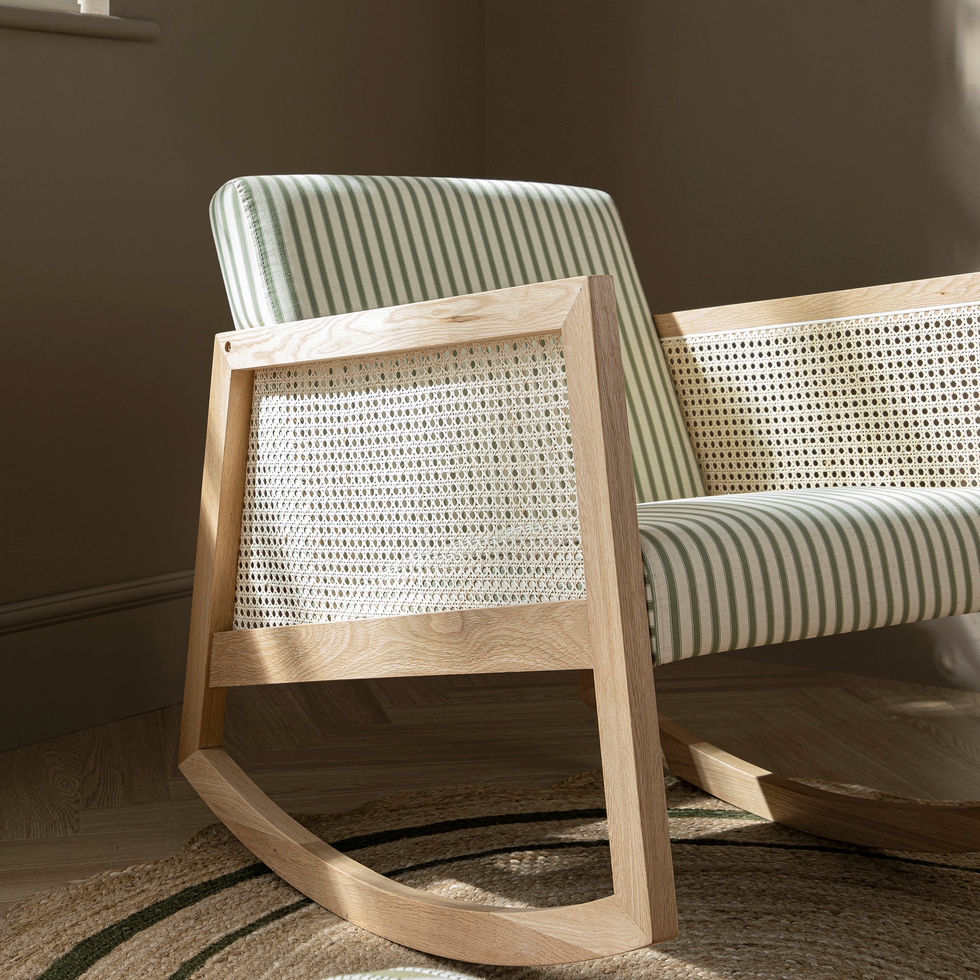 Fyne Sage Striped Linen Blend Natural Oak Armchair with Rattan Armrests