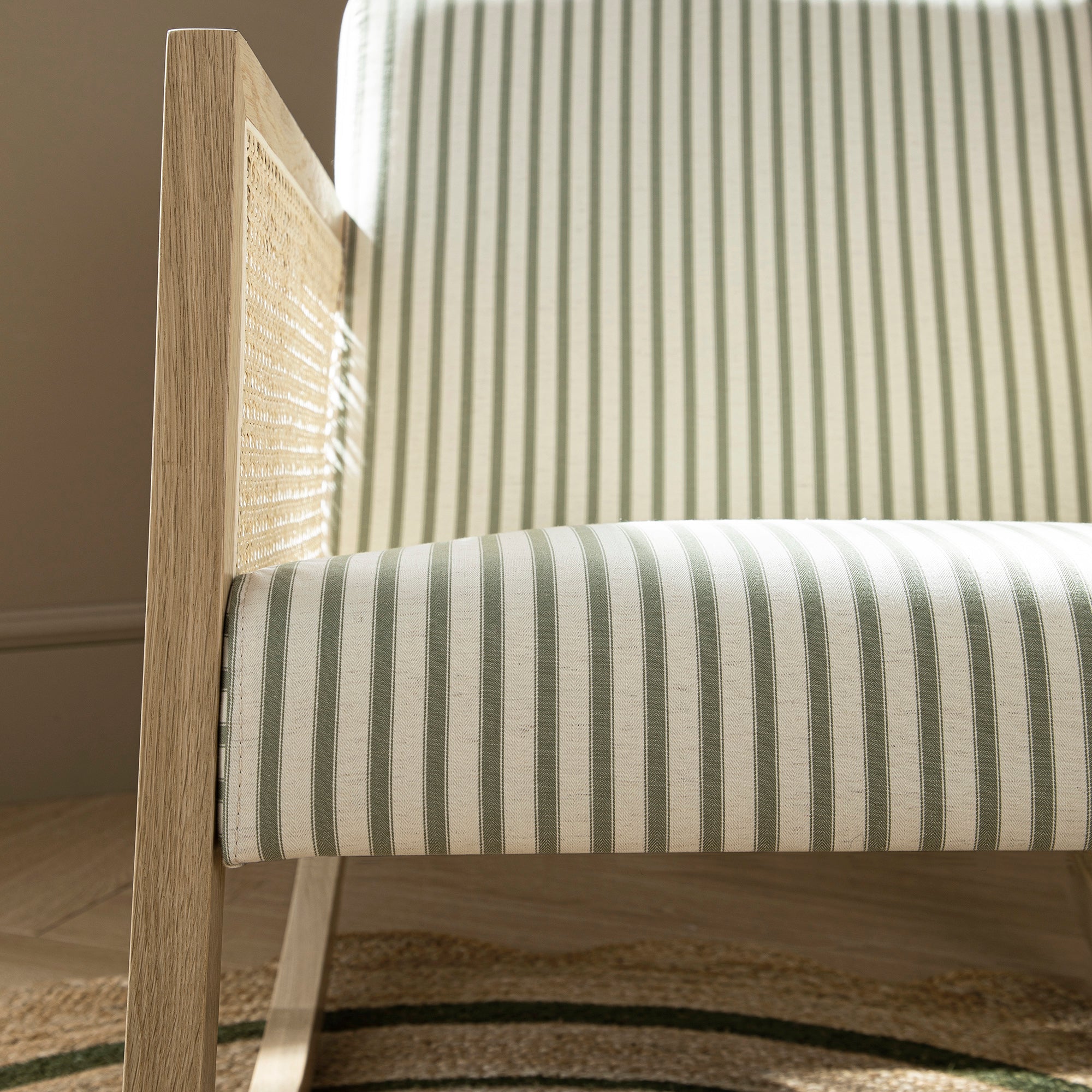 Fyne Sage Striped Linen Blend Natural Oak Armchair with Rattan Armrests