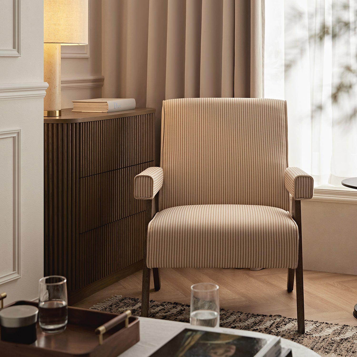 Chinnor Ochre Striped Linen Blend Weathered Oak Frame Accent Chair