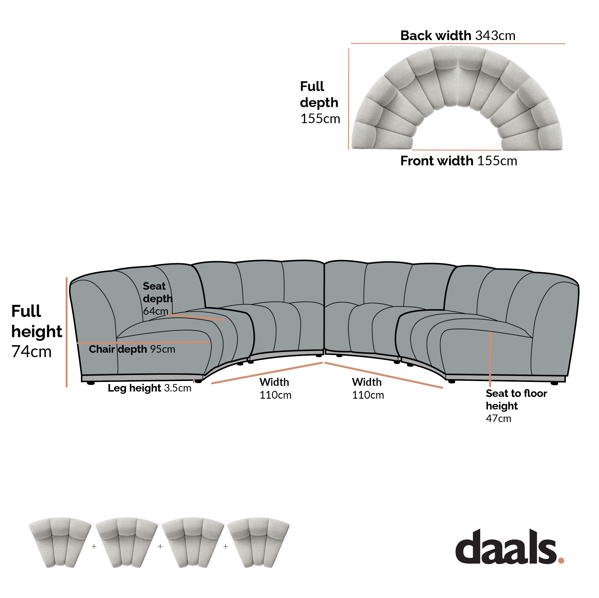Granvia Musk Blush Boucle Modular Sofa, 4-Seater Half Circle Sofa