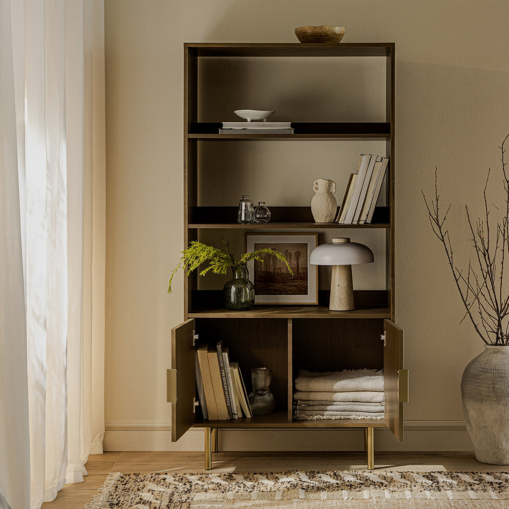 Richmond Ridged Tall Bookcase with Doors, Dark Ash