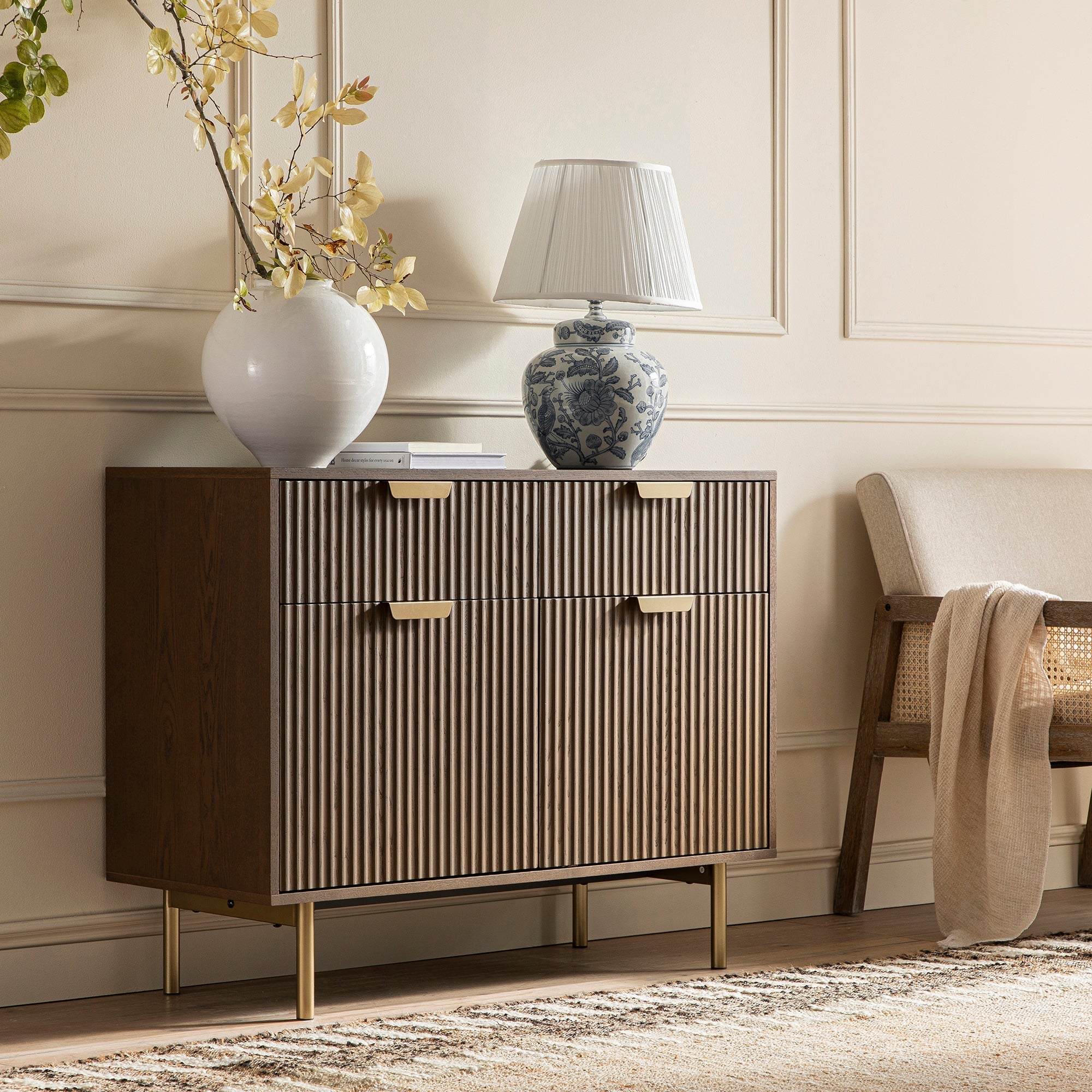 Richmond Ridged 2-Door Cabinet with Drawers, Dark Ash