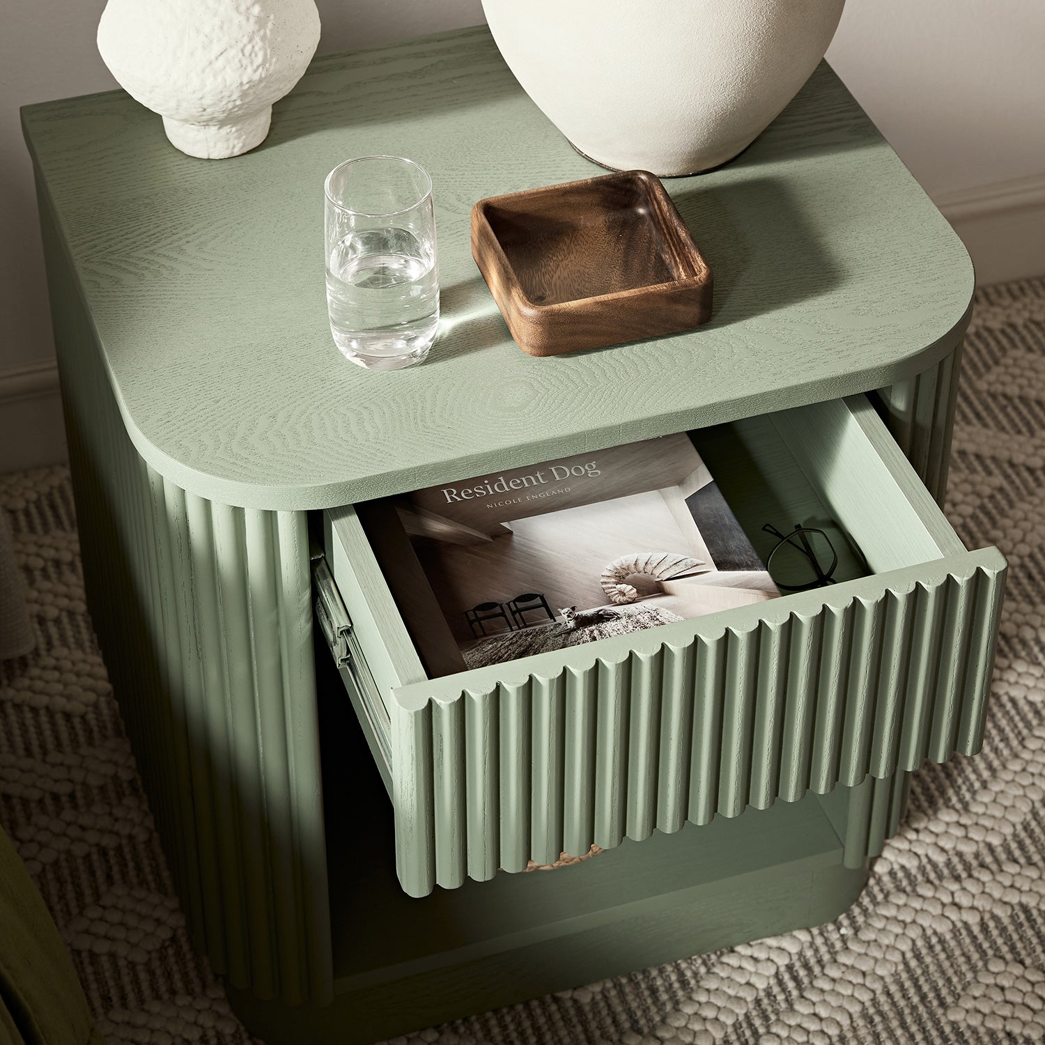Maru 1-Drawer Bedside Table, Sage Green