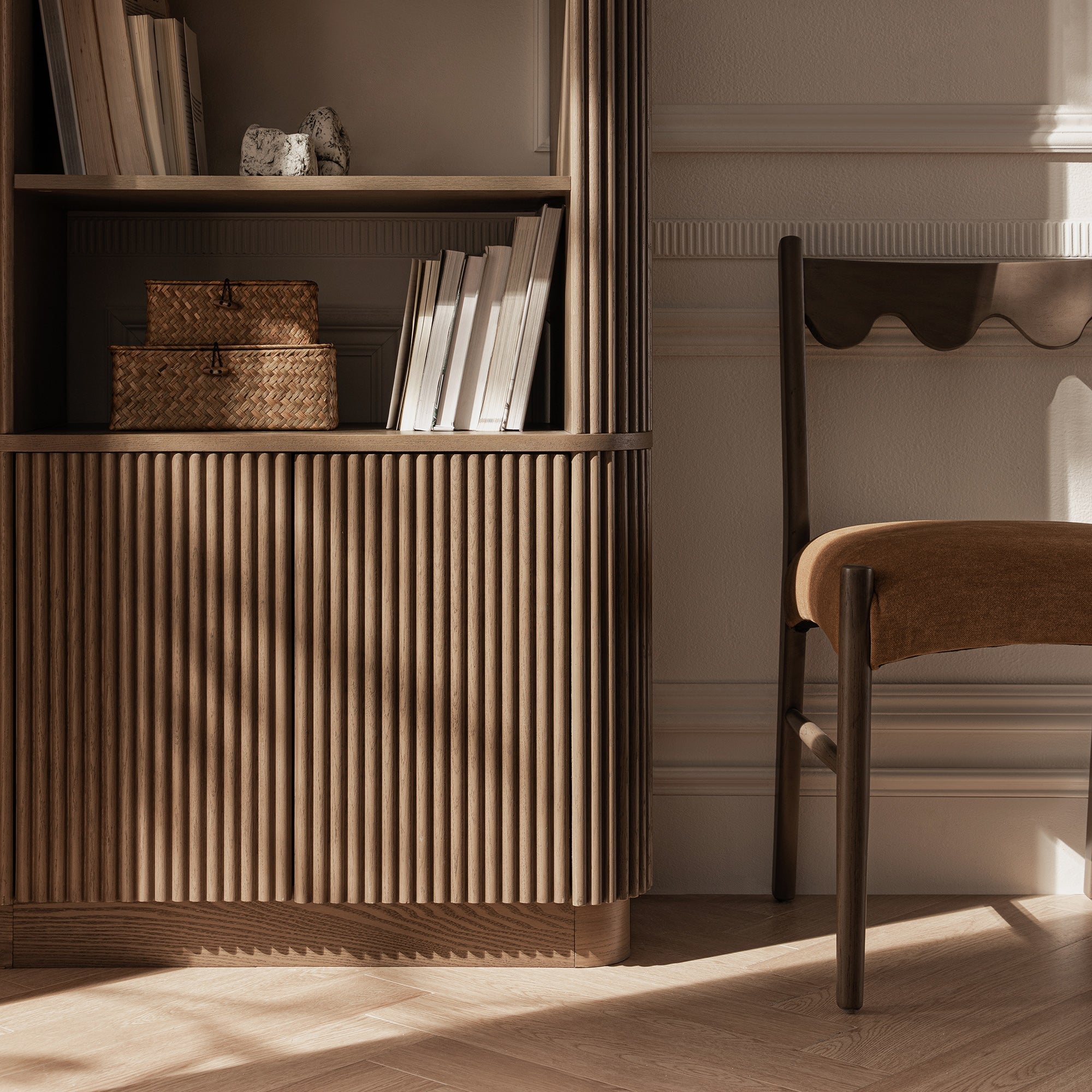 Maru Bookcase with Cabinet, Silver Oak