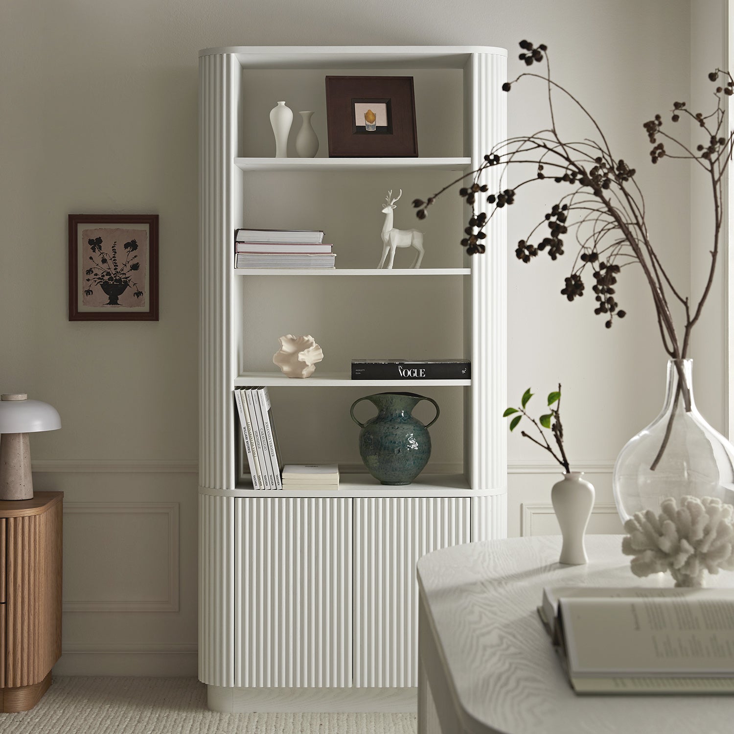Maru Bookcase with Cabinet, Washed White