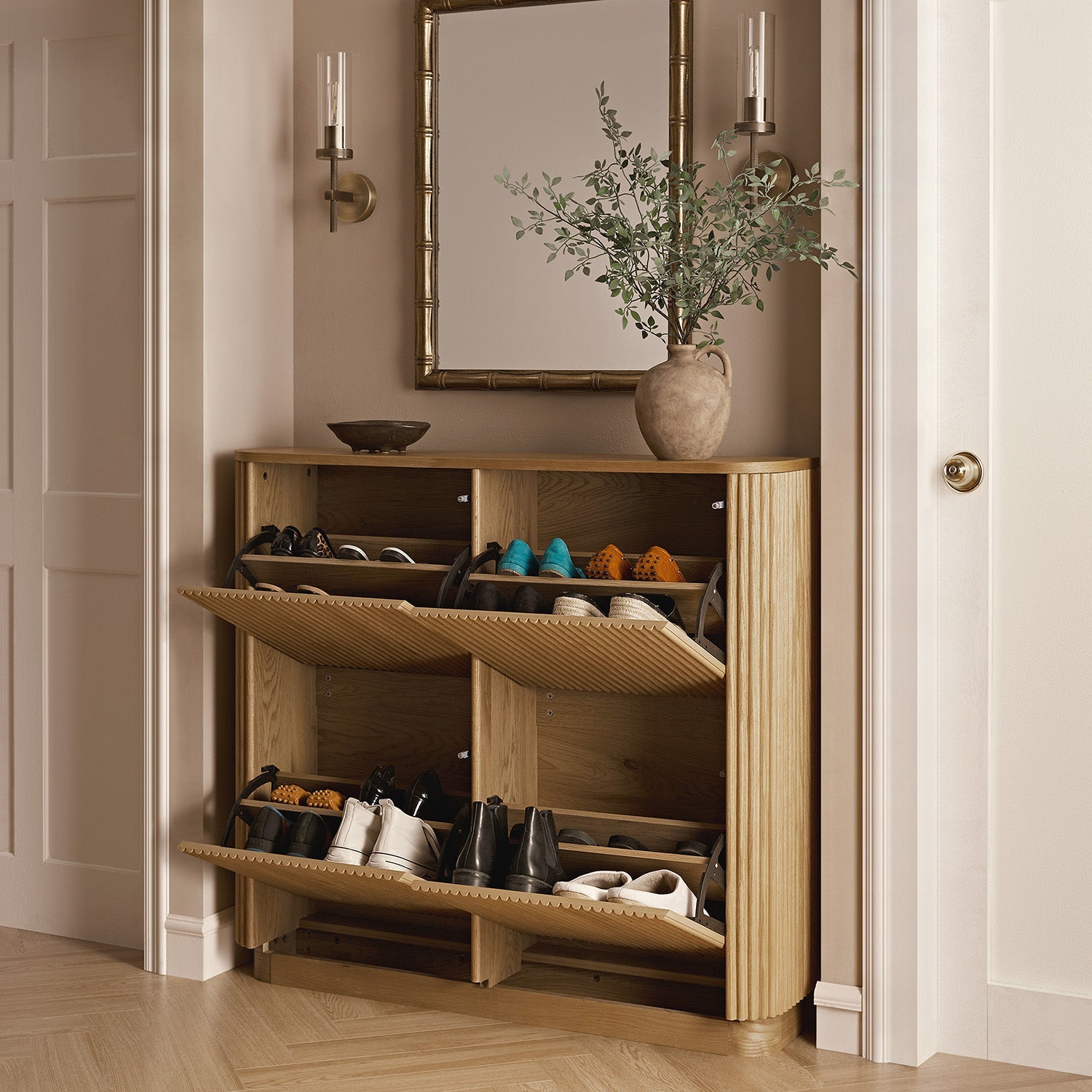 Maru 4-Door Shoe Storage Cabinet, Oak