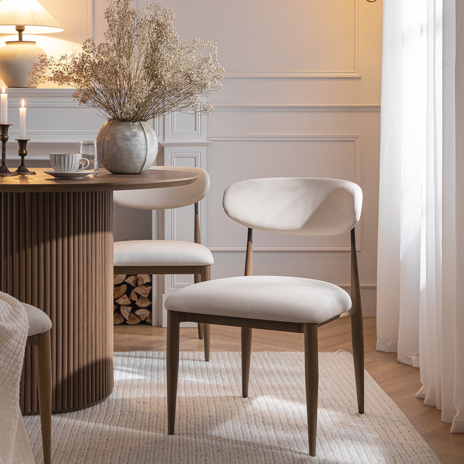 Dagmar Set of 2 Dining Chairs, Beige Faux Leather | Silver Oak Frame