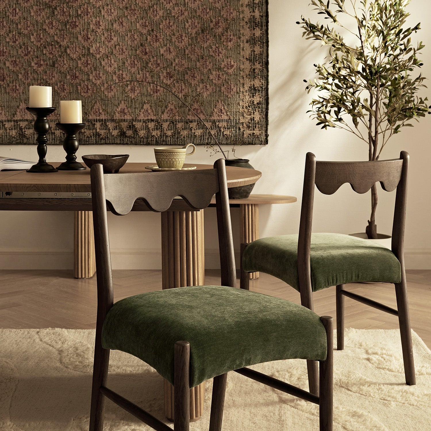 Ludlow Set of 2 Dining Chairs, Forest Green Chenille | Dark Walnut