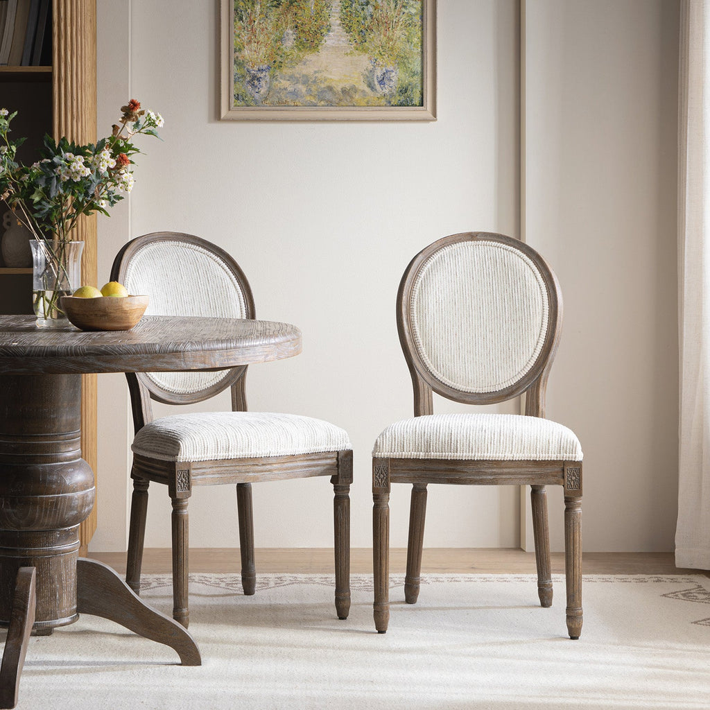 Lainston Set of 2 Classic Weathered Oak Dining Chairs, Beige Textured Fabric