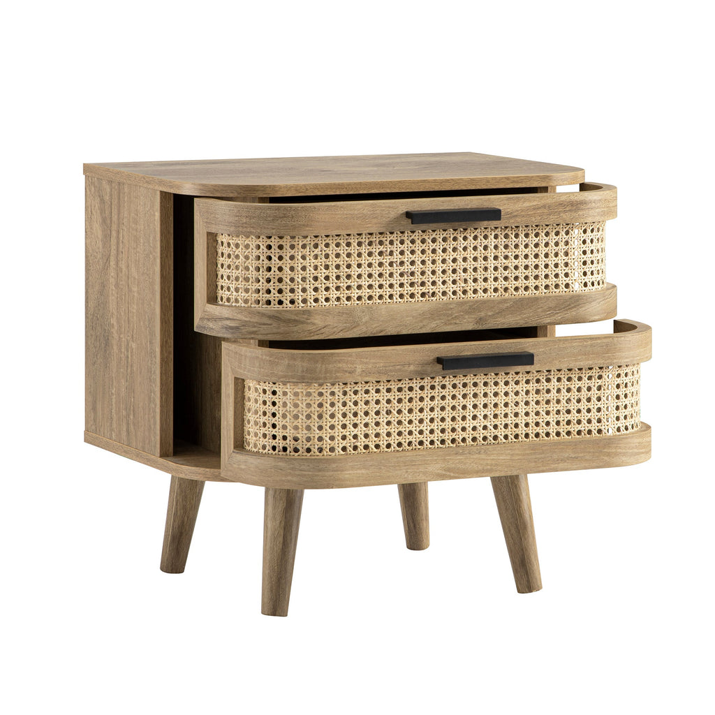 Izzy Curved Rattan 2-Drawer Bedside Table, Natural