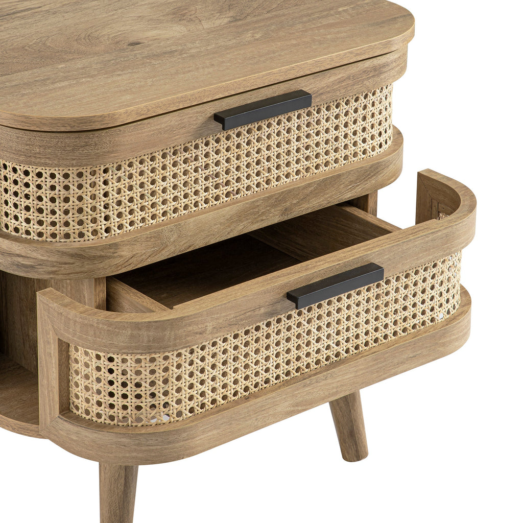 Izzy Curved Rattan 2-Drawer Bedside Table, Natural