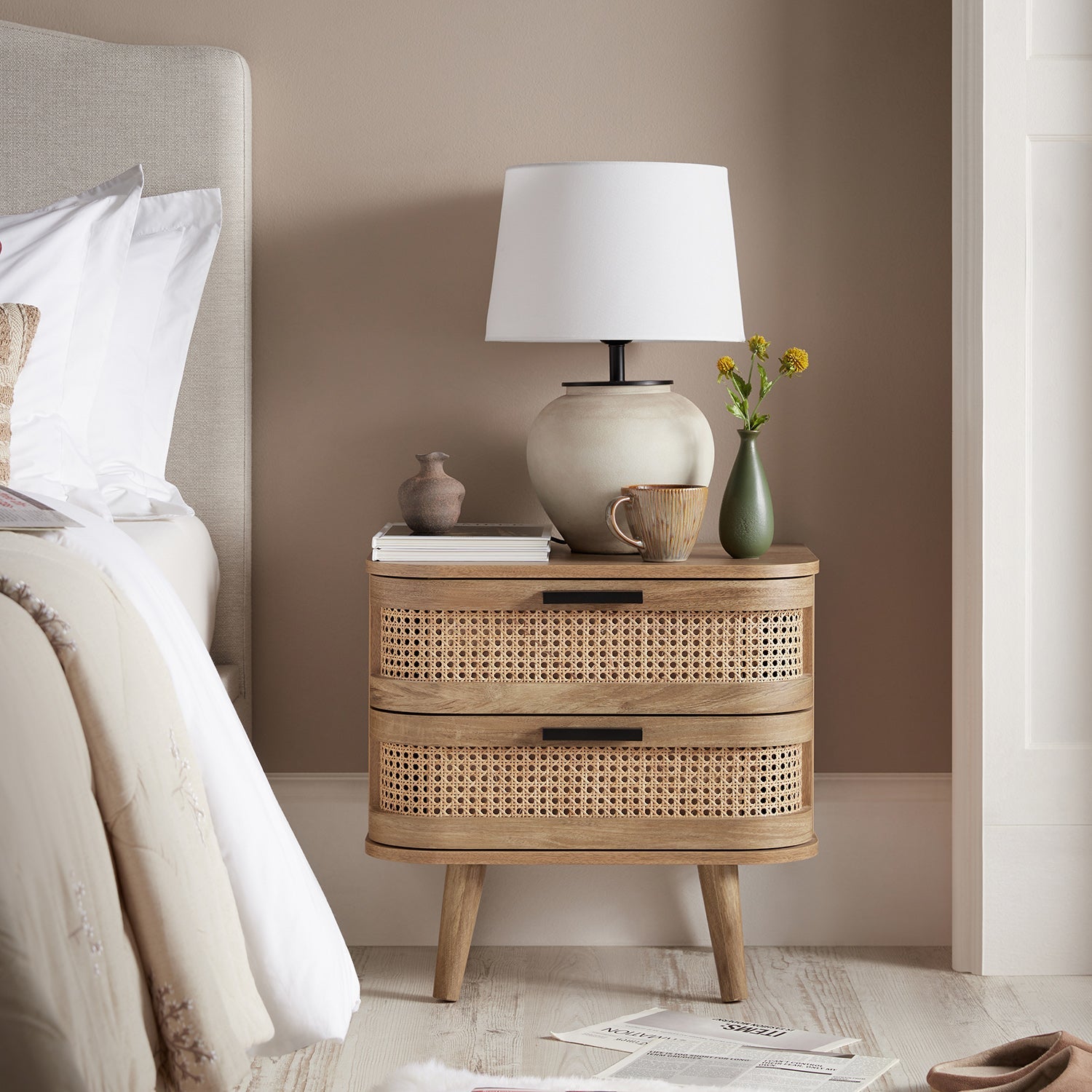 Izzy Curved Rattan 2-Drawer Bedside Table, Natural