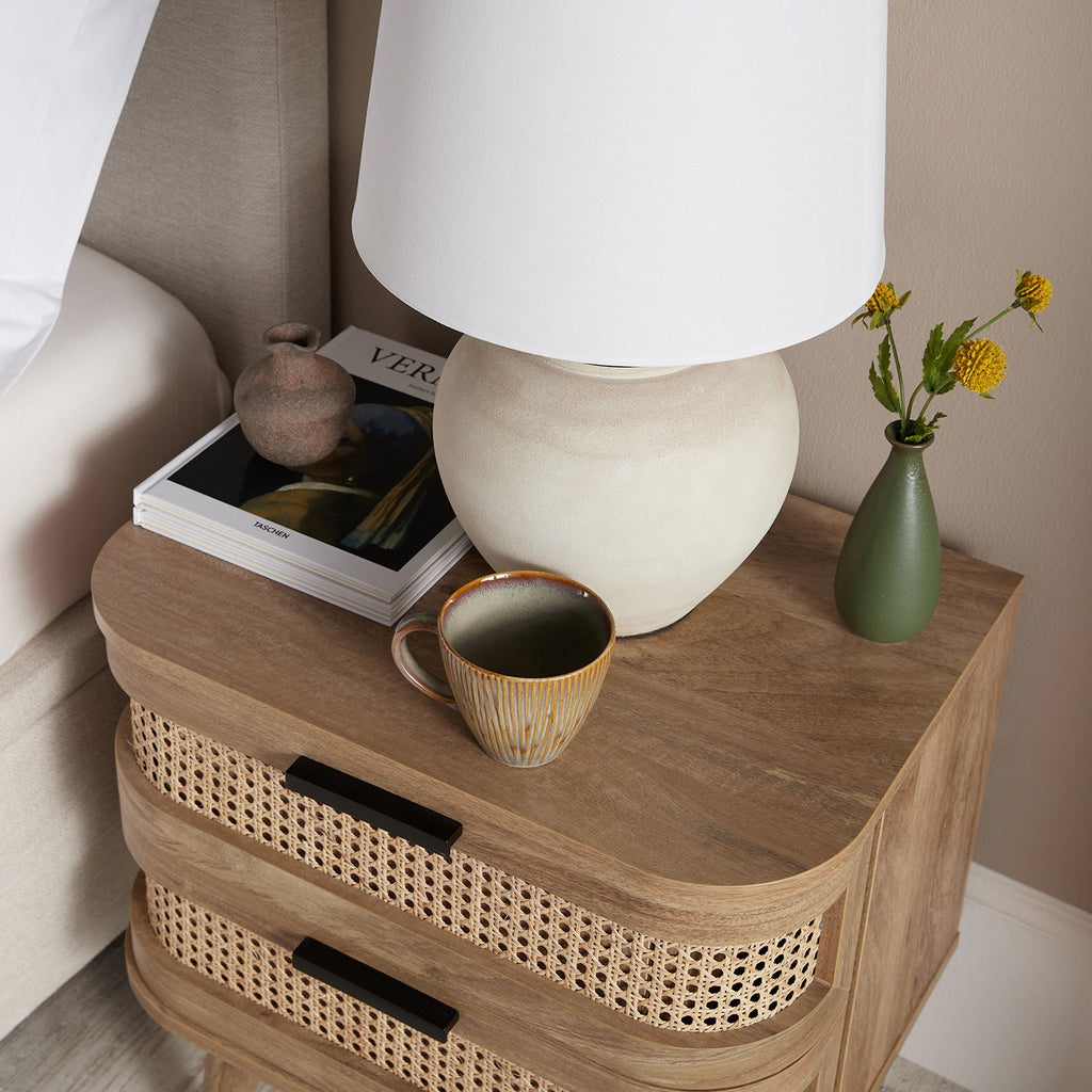 Izzy Curved Rattan 2-Drawer Bedside Table, Natural