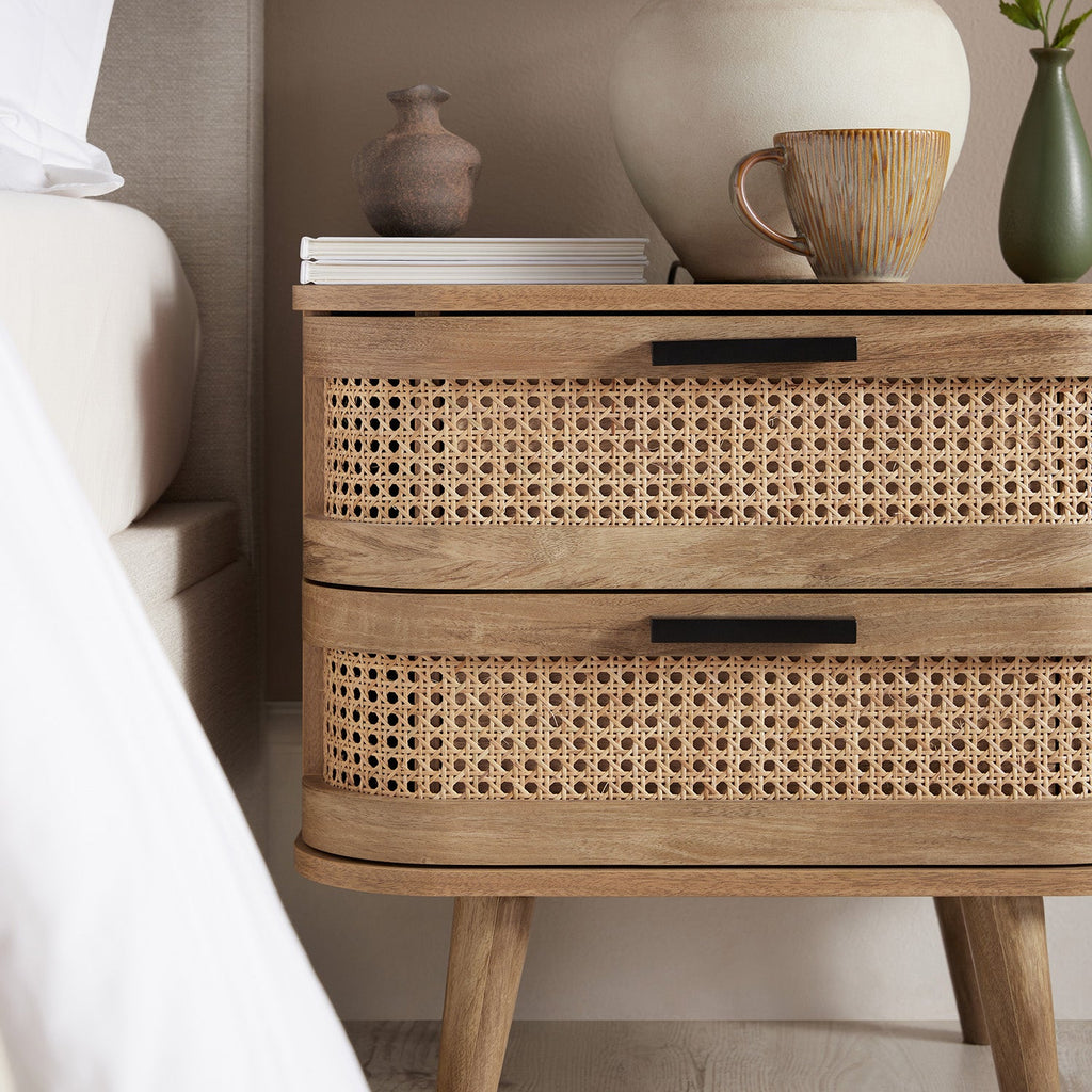 Izzy Curved Rattan 2-Drawer Bedside Table, Natural