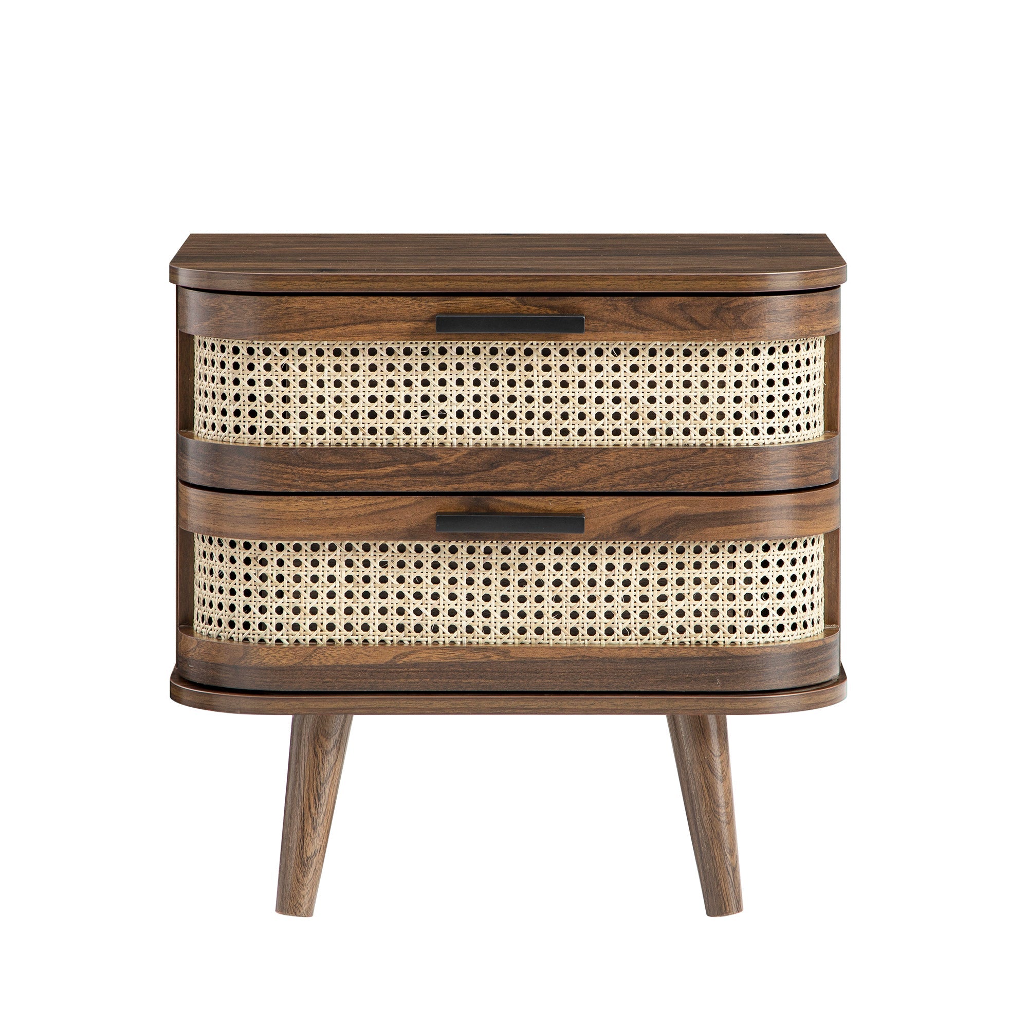 Izzy Curved Rattan 2-Drawer Bedside Table, Walnut