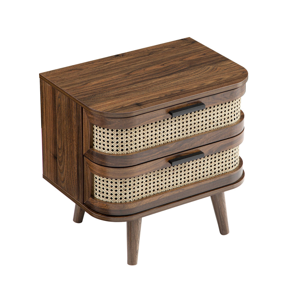 Izzy Curved Rattan 2-Drawer Bedside Table, Walnut