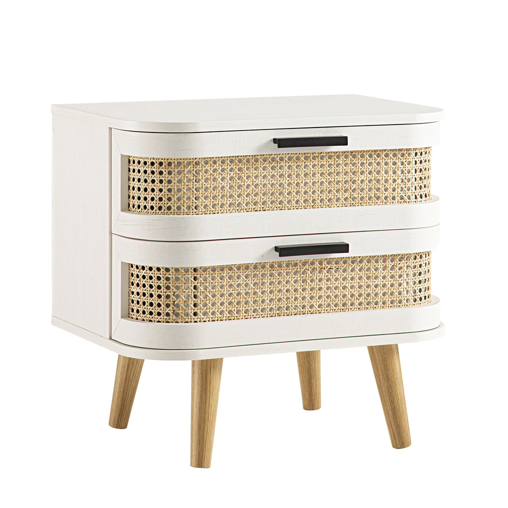 Izzy Curved Rattan 2-Drawer Bedside Table, White