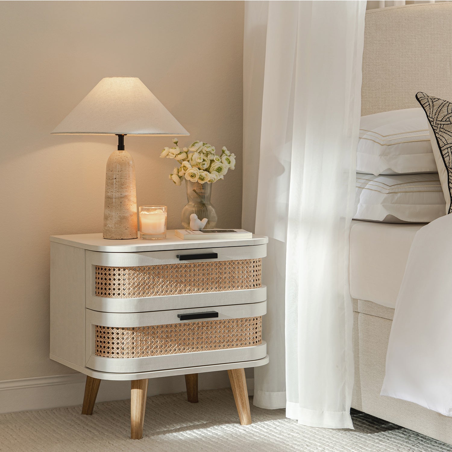 Izzy Curved Rattan 2-Drawer Bedside Table, White