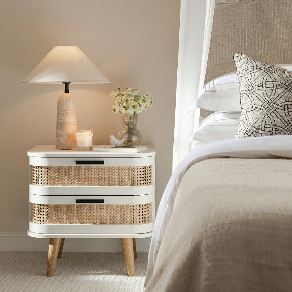 Izzy Curved Rattan 2-Drawer Bedside Table, White