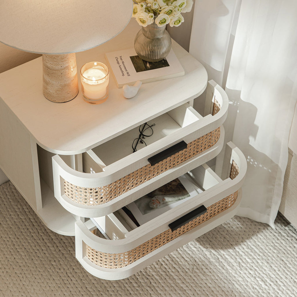 Izzy Curved Rattan 2-Drawer Bedside Table, White