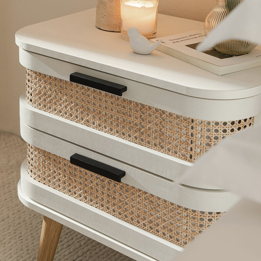 Izzy Curved Rattan 2-Drawer Bedside Table, White