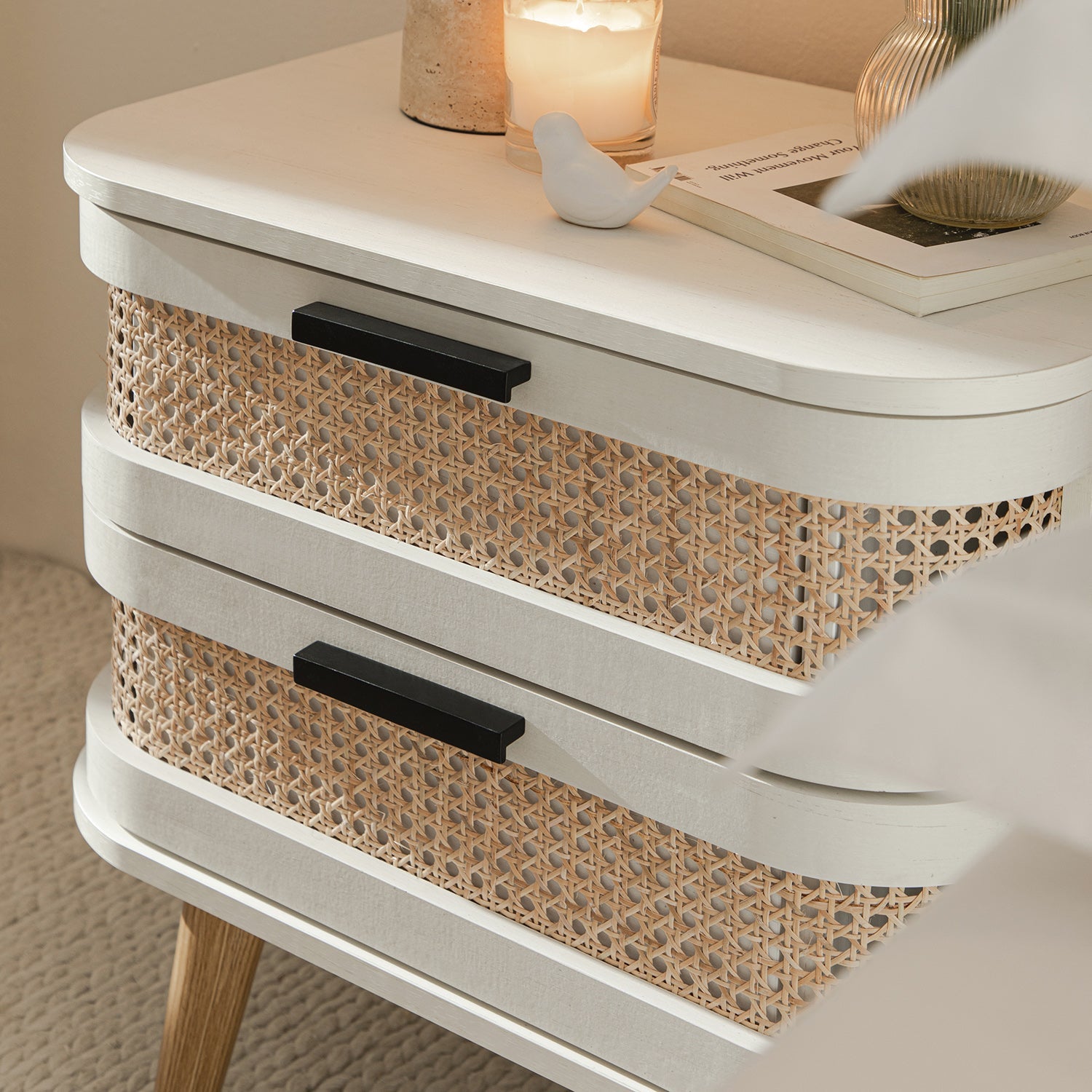 Izzy Curved Rattan 2-Drawer Bedside Table, White