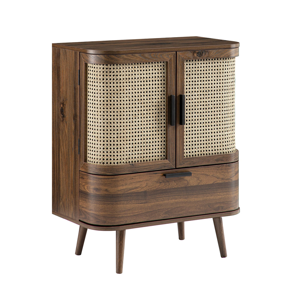 Izzy Curved Rattan 1-Drawer Small Sideboard, Walnut