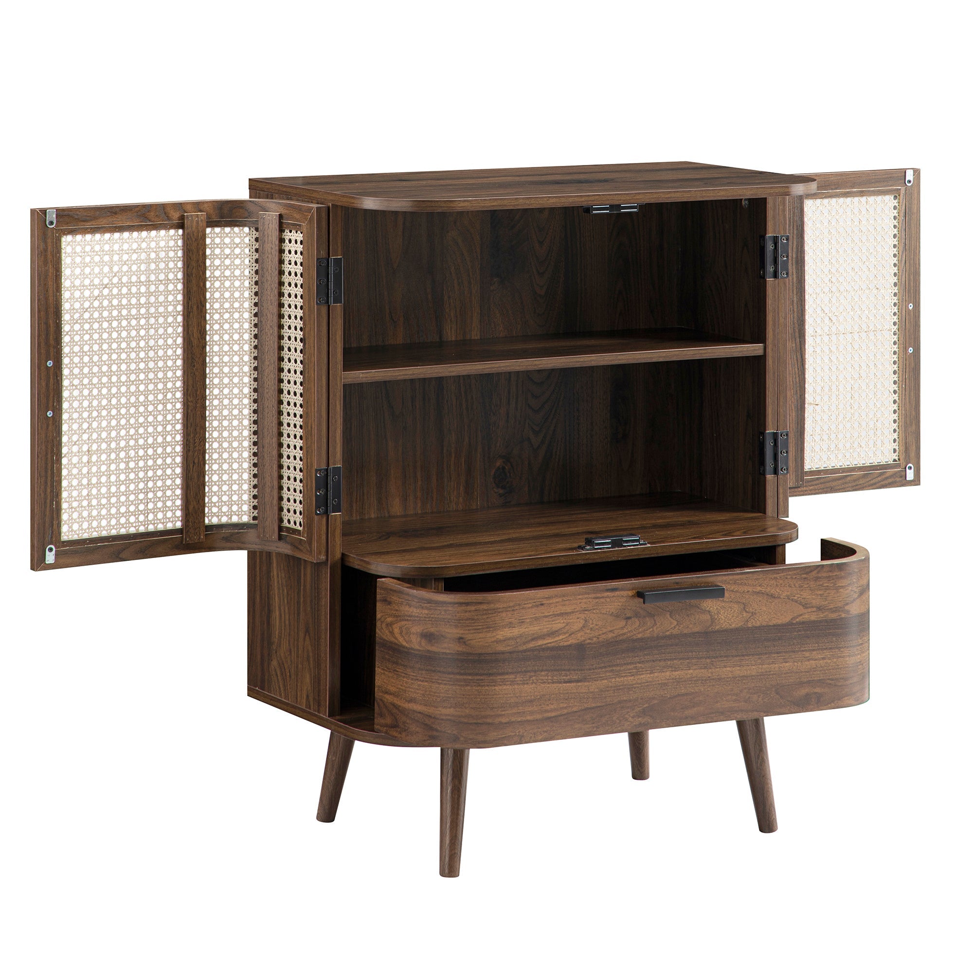 Izzy Curved Rattan 1-Drawer Small Sideboard, Walnut