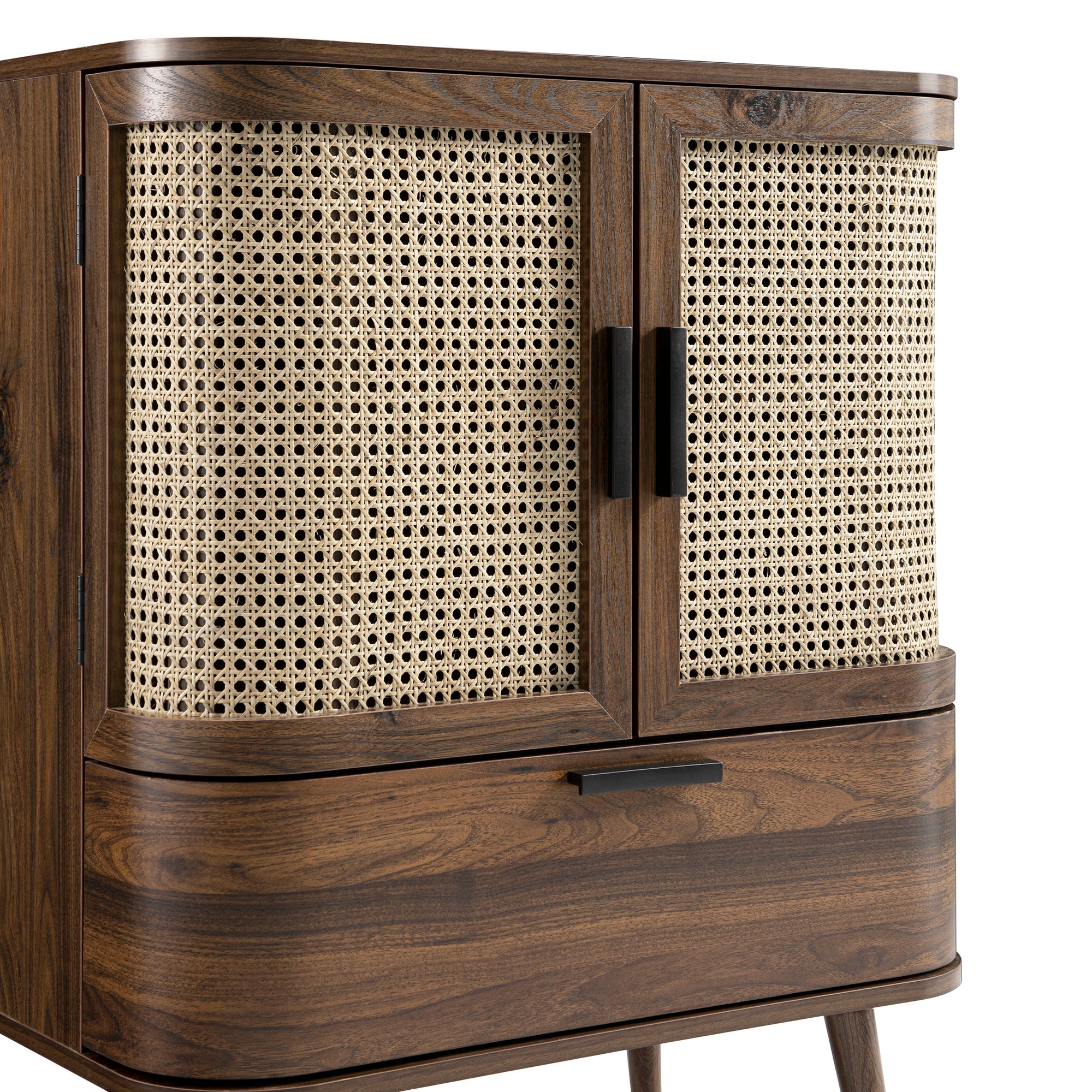 Izzy Curved Rattan 1-Drawer Small Sideboard, Walnut