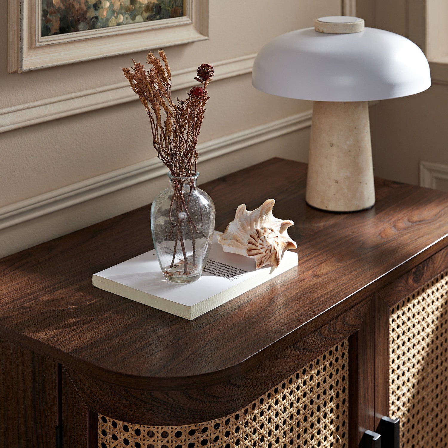 Izzy Curved Rattan 1-Drawer Small Sideboard, Walnut