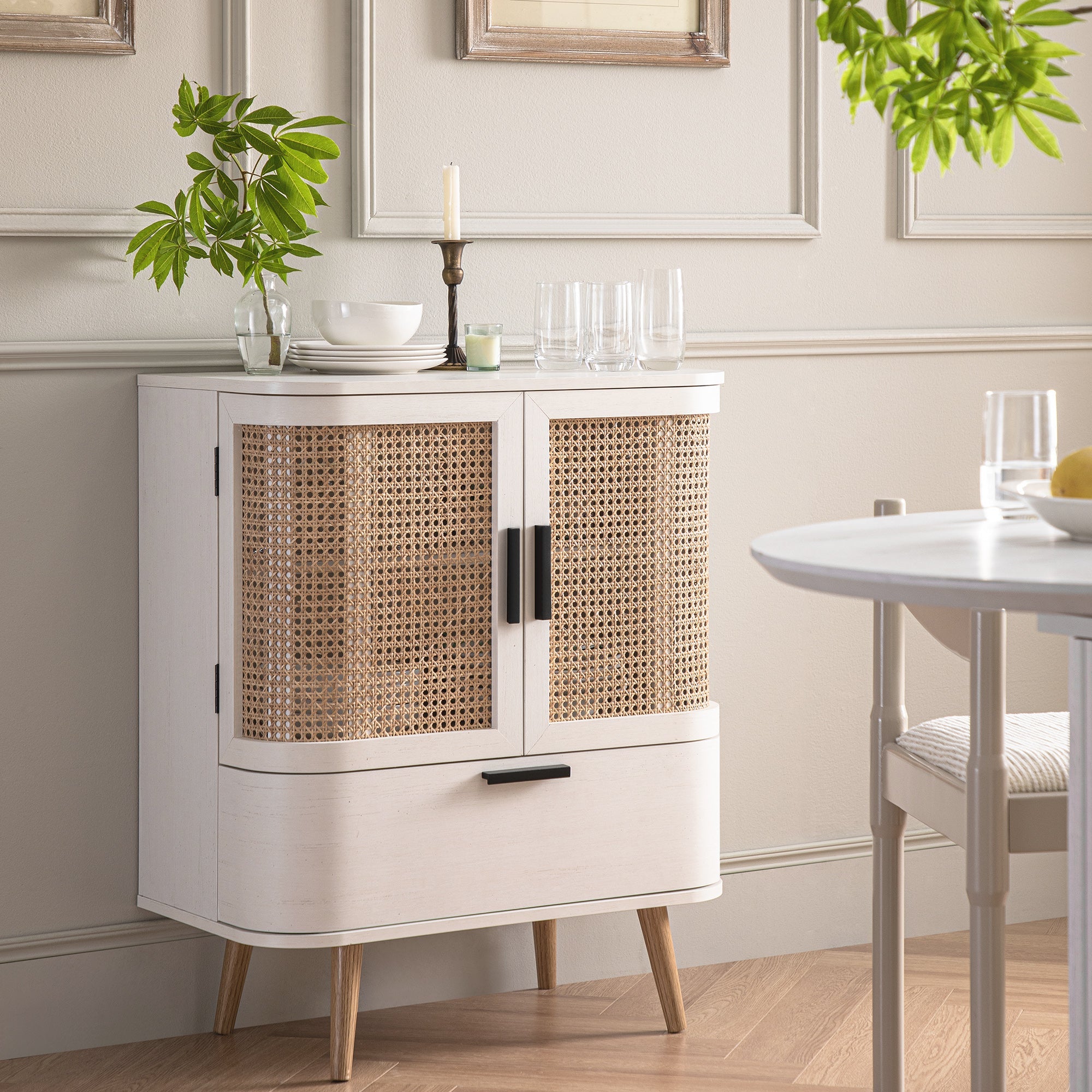 Izzy Curved Rattan 1-Drawer Small Sideboard, White