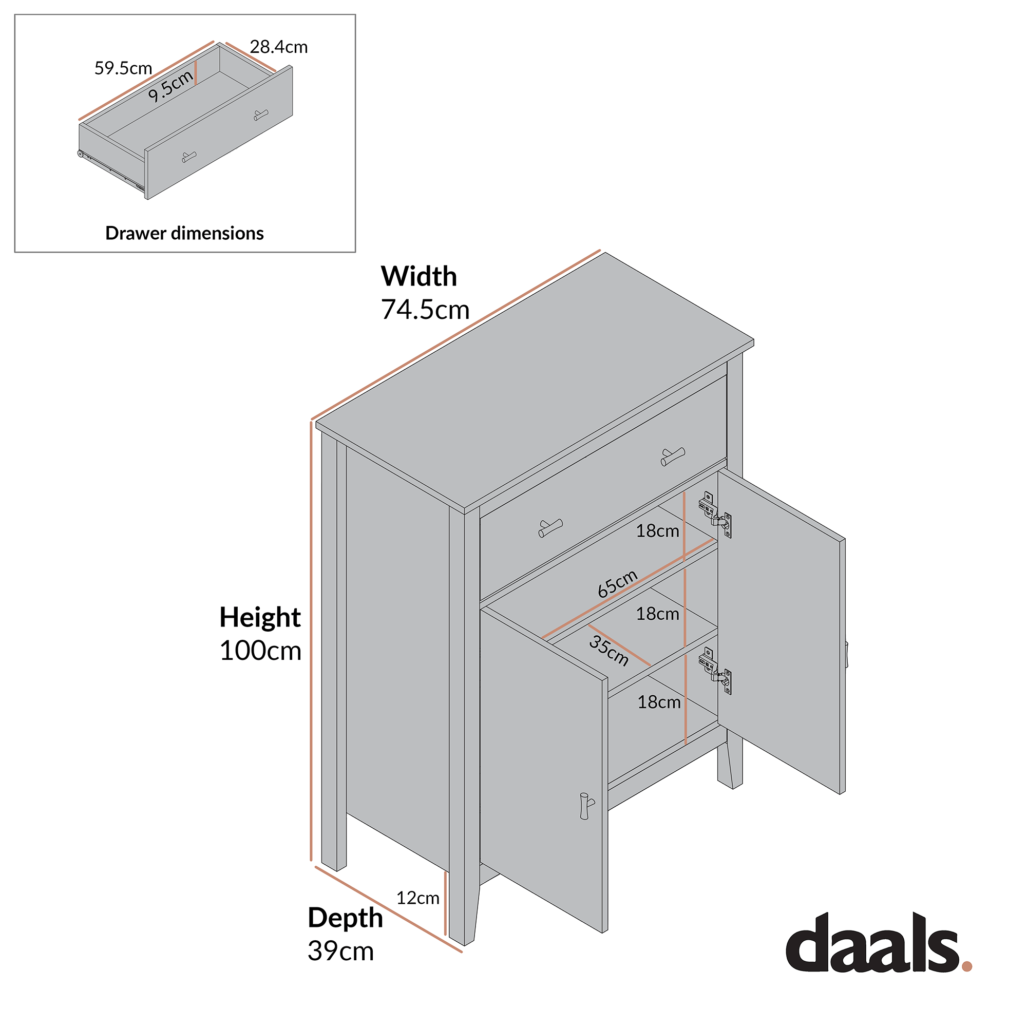 Oakham Small Sideboard with Drawer, Nude Pink