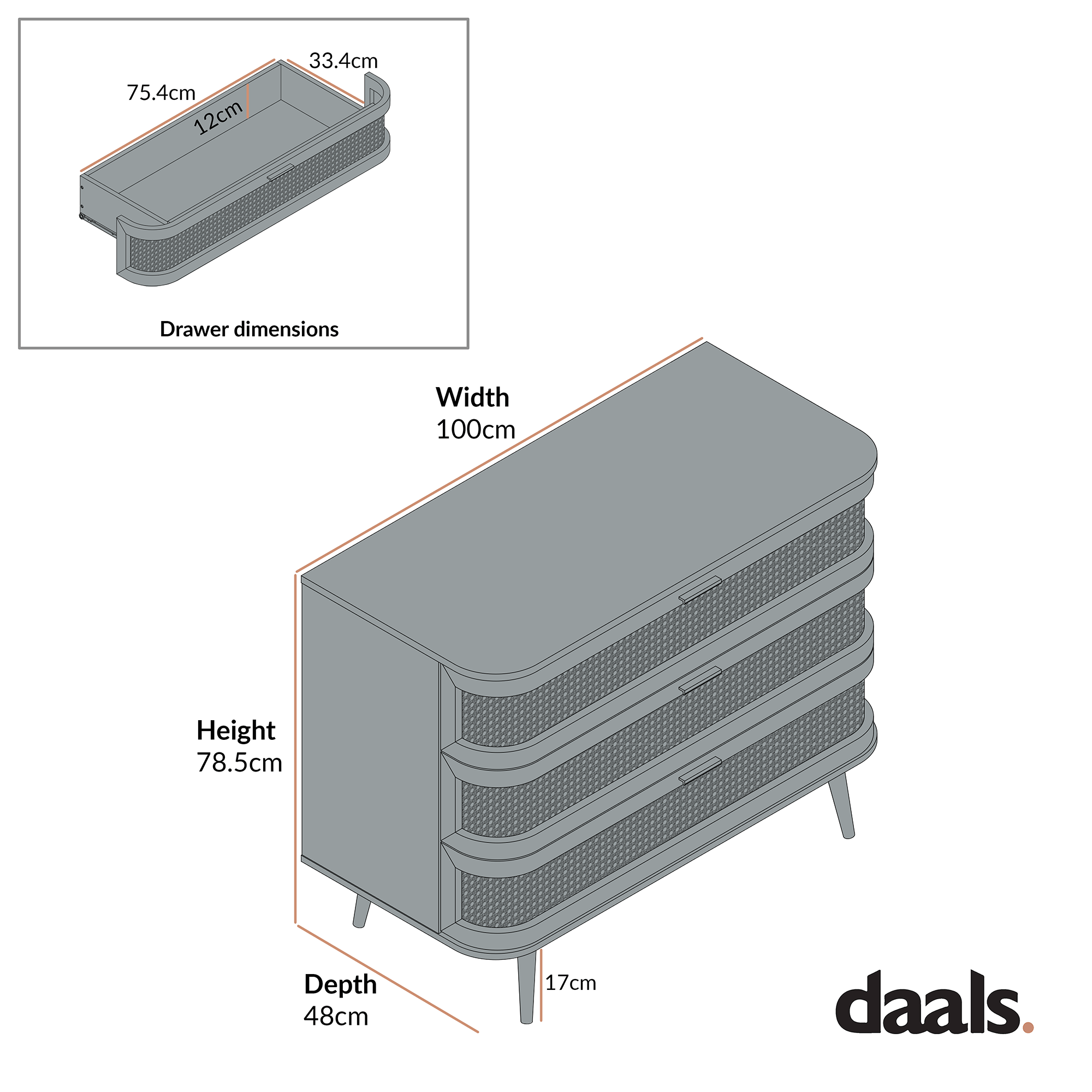 Izzy Curved Rattan Chest of 3 Drawers, Walnut