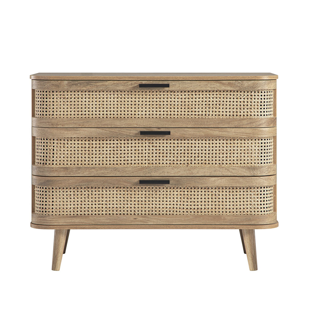 Izzy Curved Rattan Chest of 3 Drawers, Natural