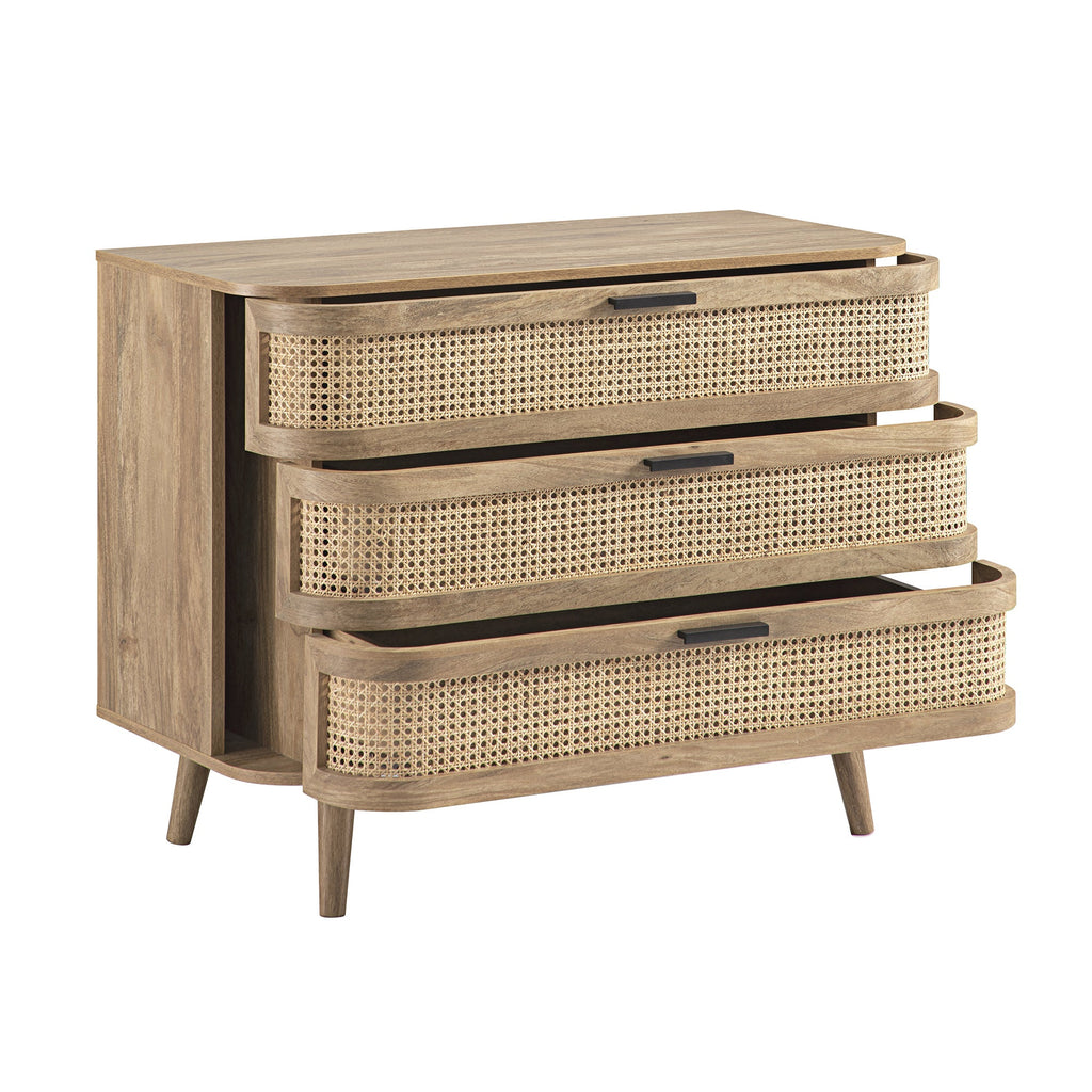 Izzy Curved Rattan Chest of 3 Drawers, Natural