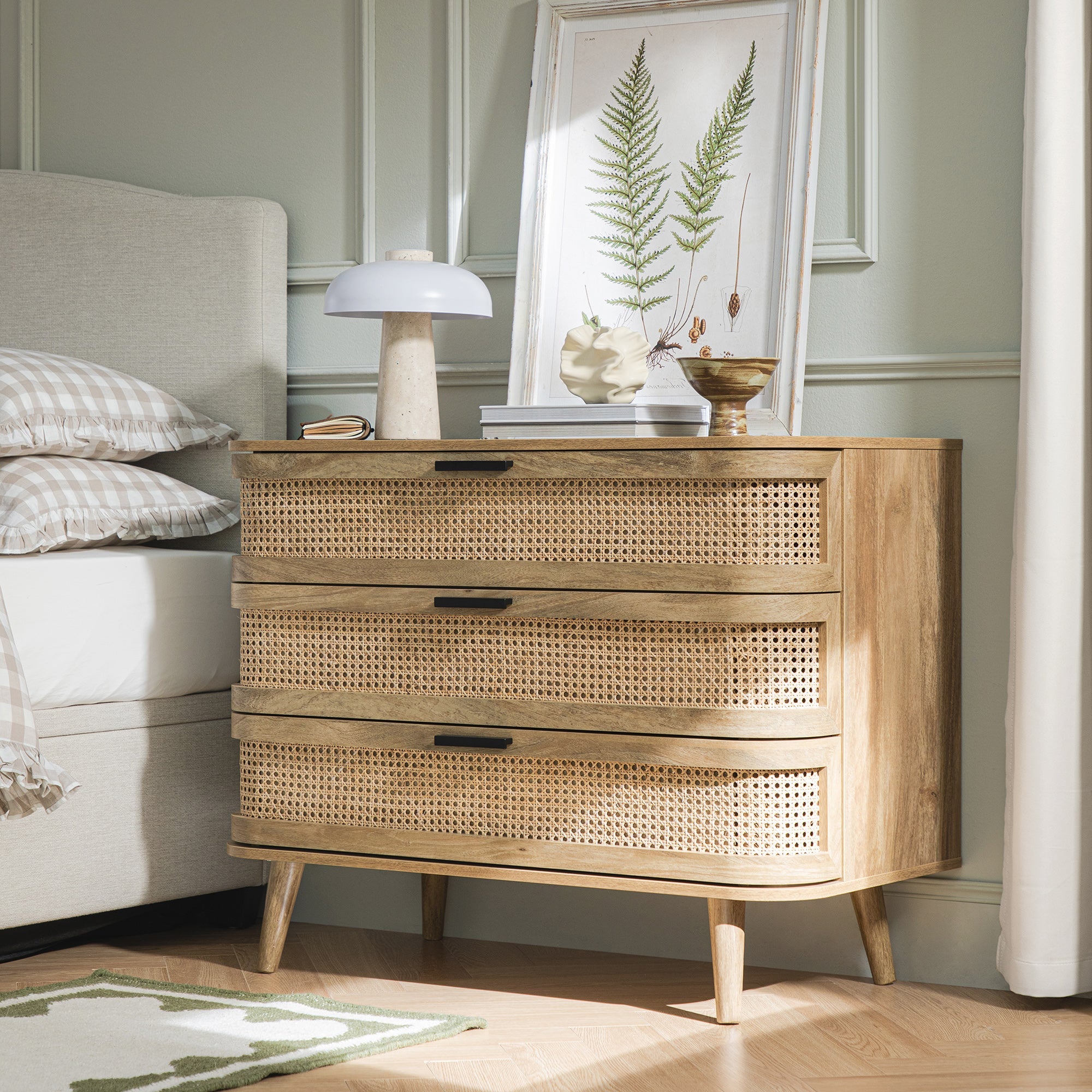 Izzy Curved Rattan Chest of 3 Drawers, Natural