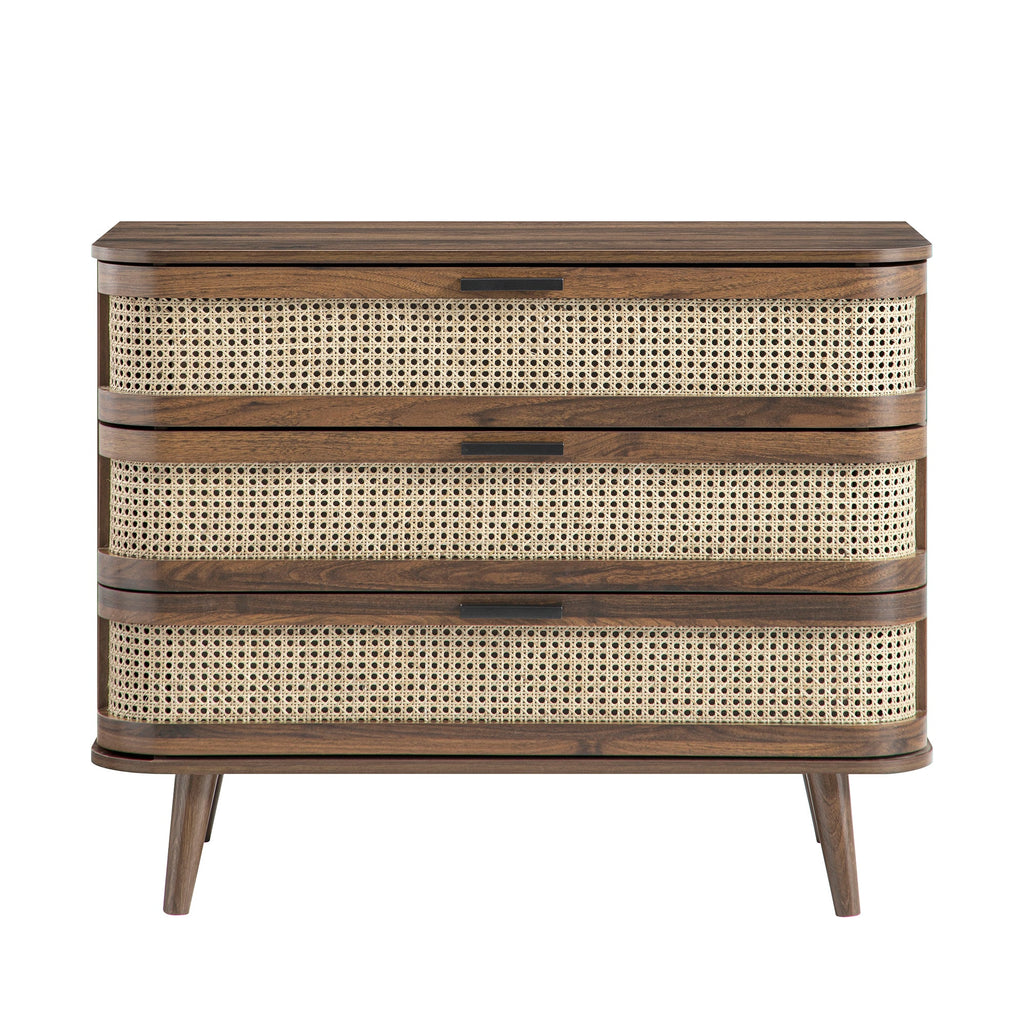 Izzy Curved Rattan Chest of 3 Drawers, Walnut