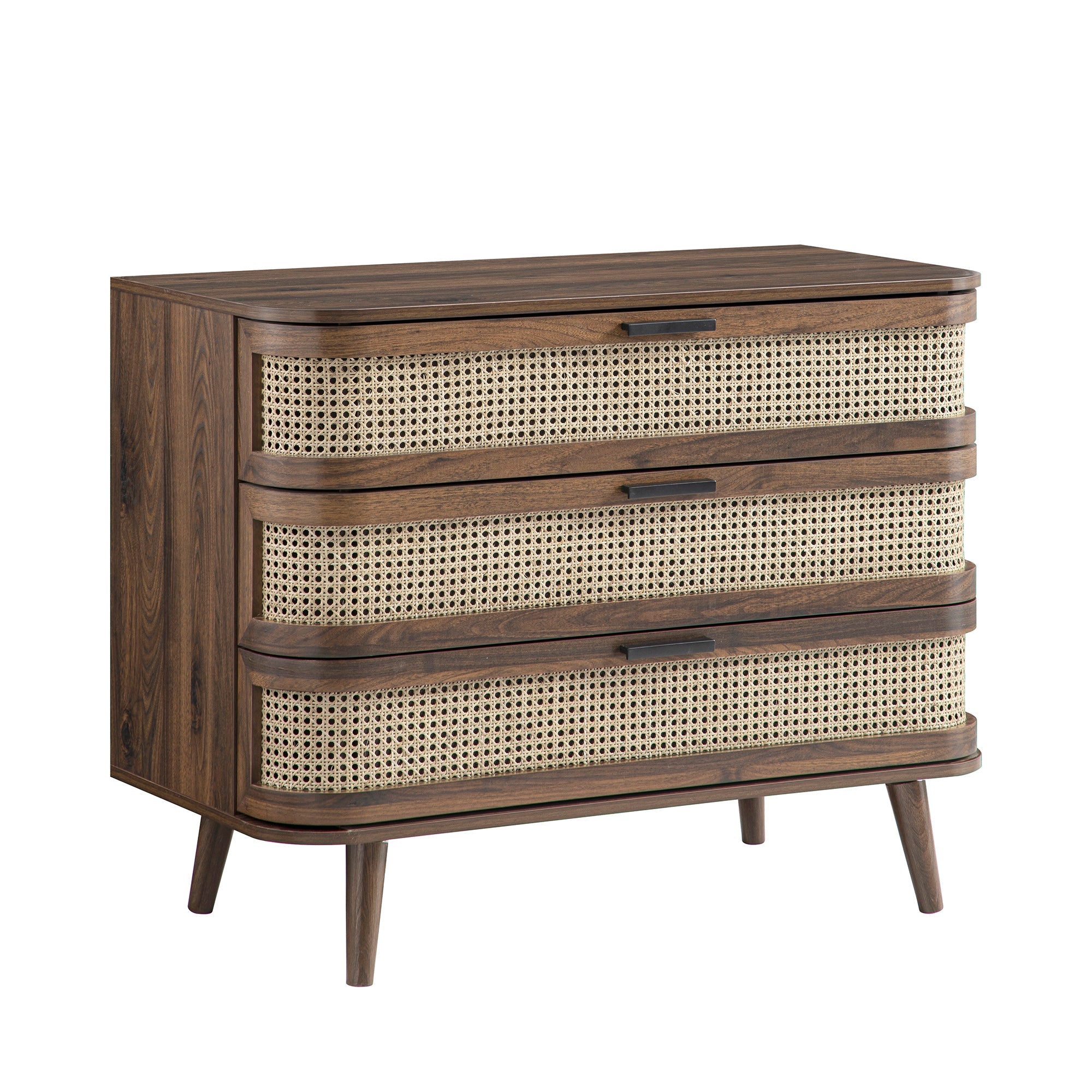 Izzy Curved Rattan Chest of 3 Drawers, Walnut