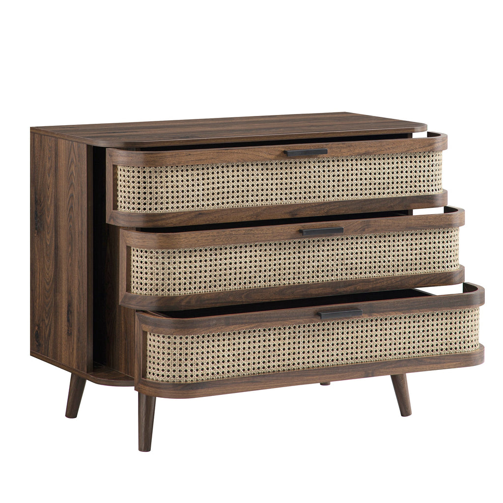 Izzy Curved Rattan Chest of 3 Drawers, Walnut