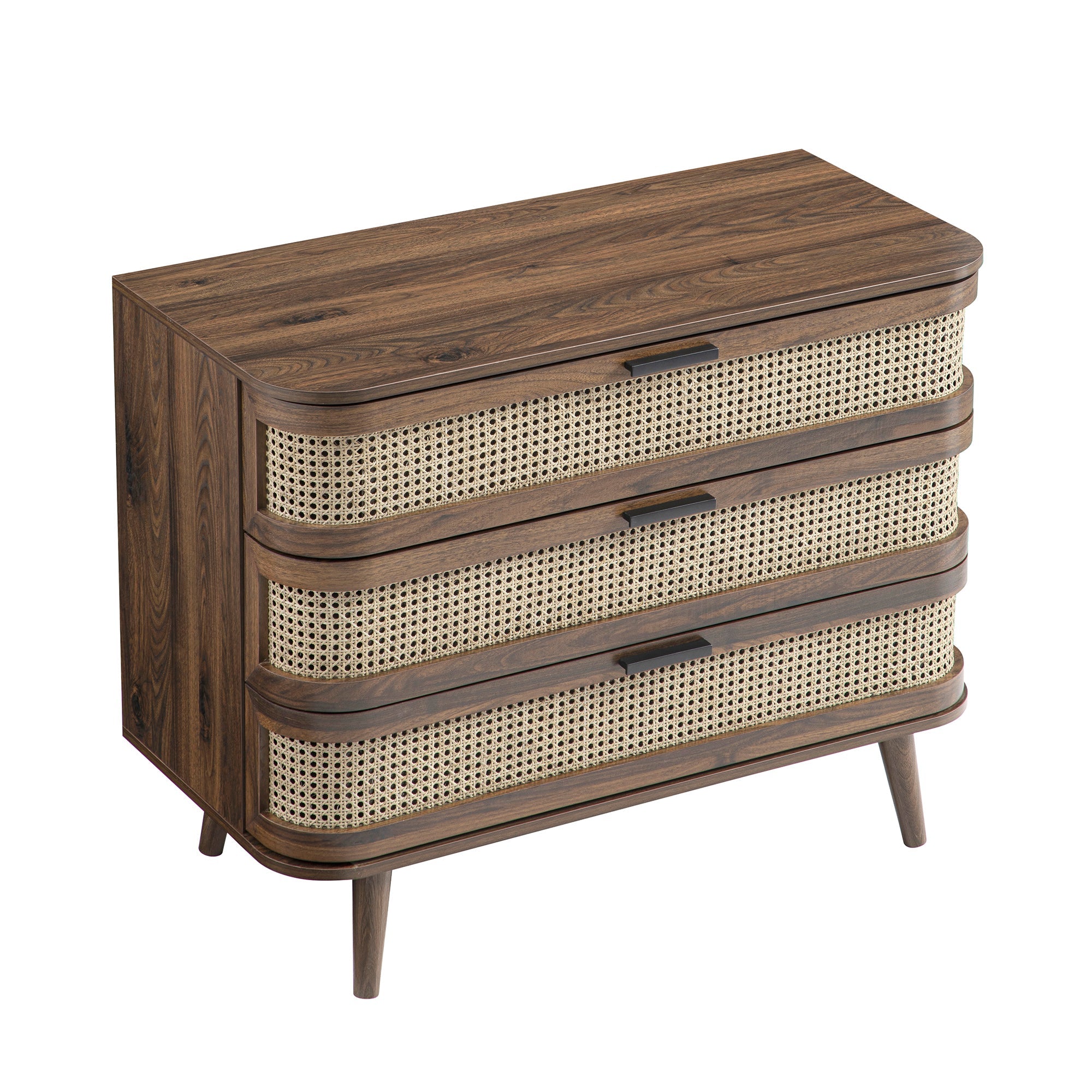 Izzy Curved Rattan Chest of 3 Drawers, Walnut