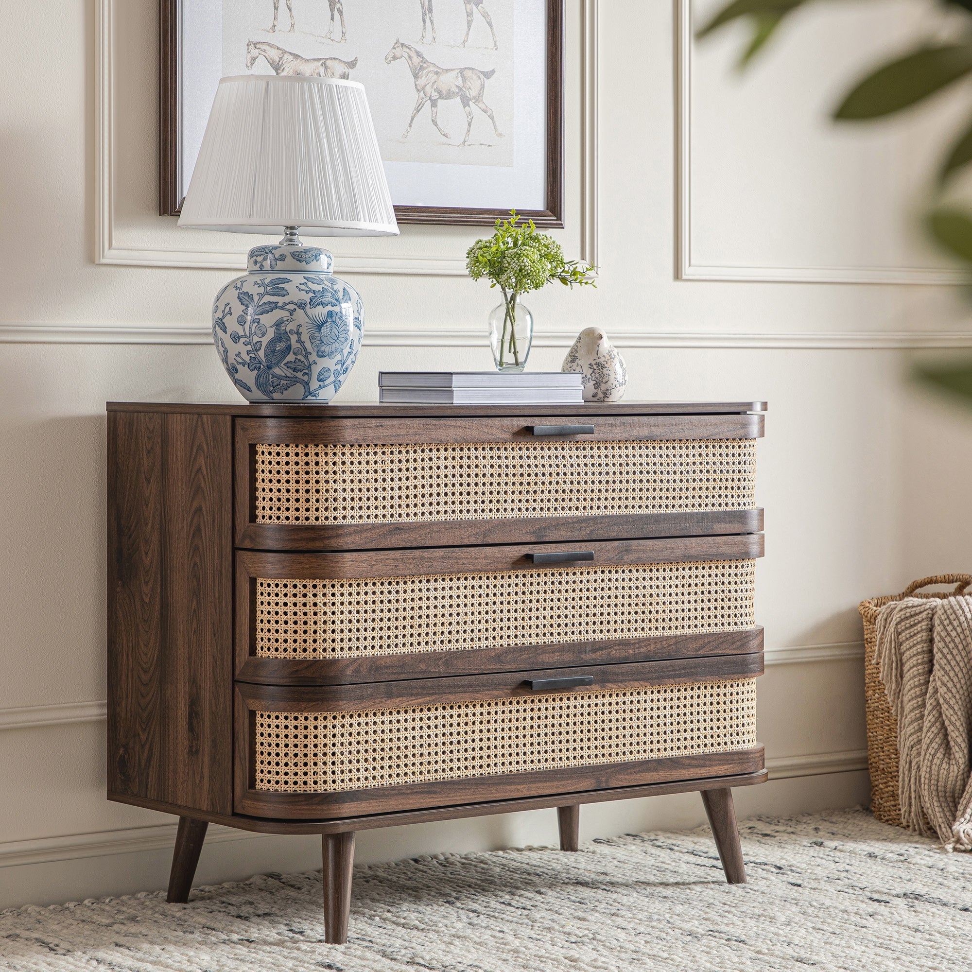 Izzy Curved Rattan Chest of 3 Drawers, Walnut