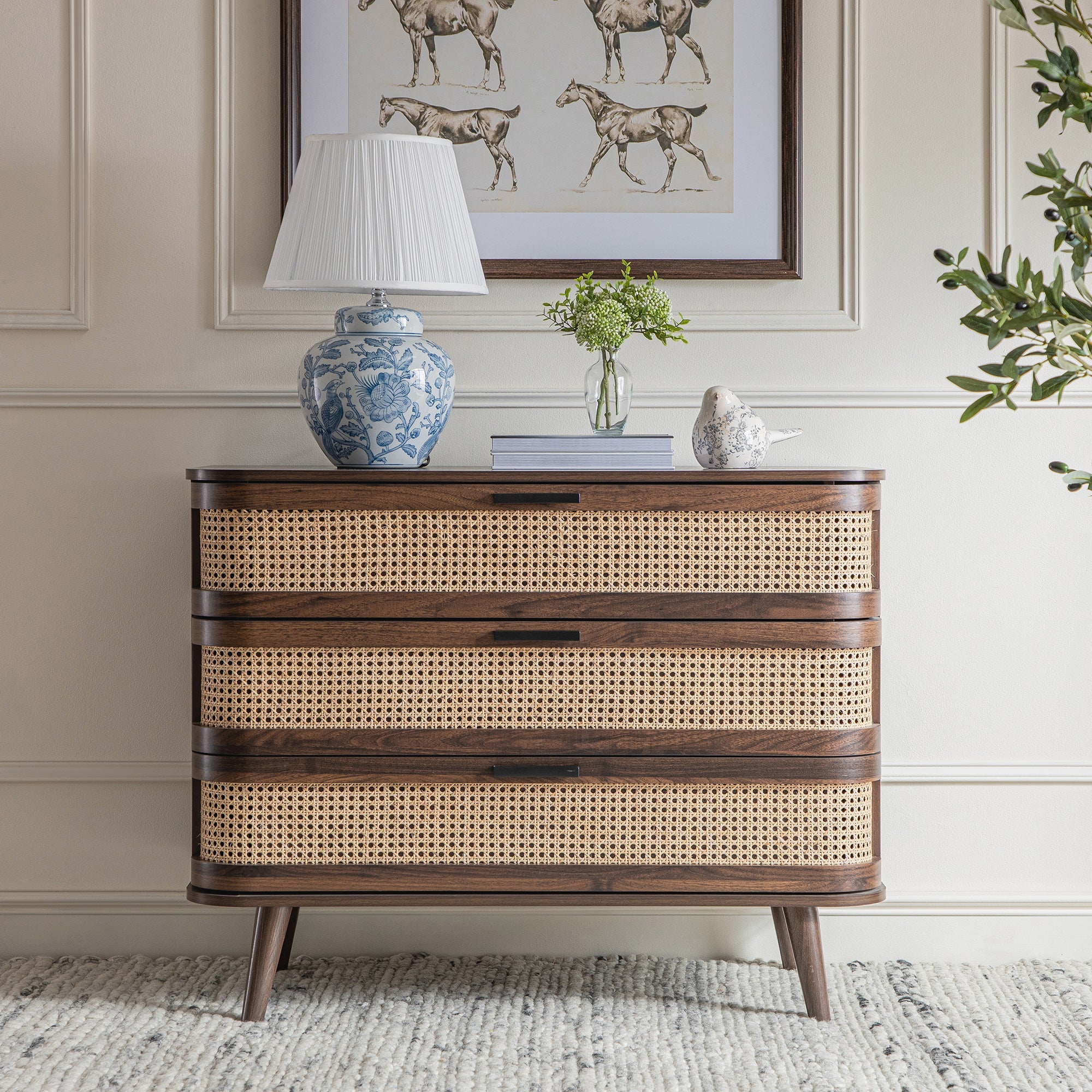 Izzy Curved Rattan Chest of 3 Drawers, Walnut