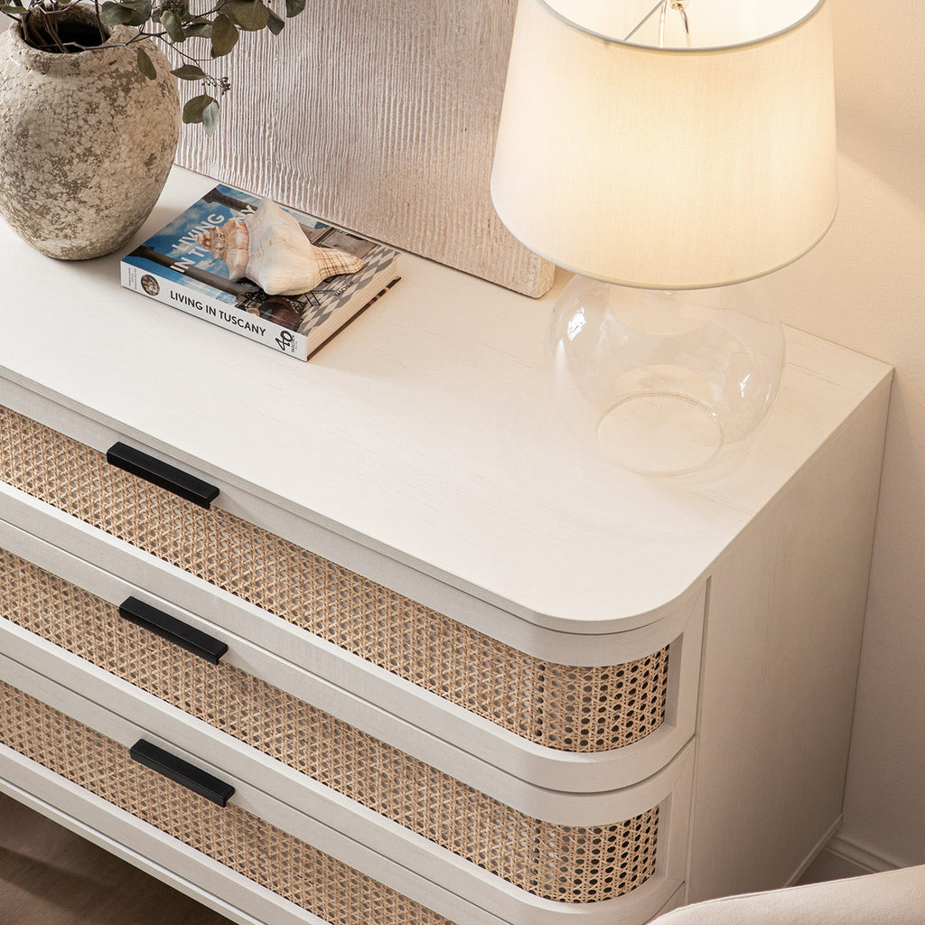 Izzy Curved Rattan Chest of 3 Drawers, White