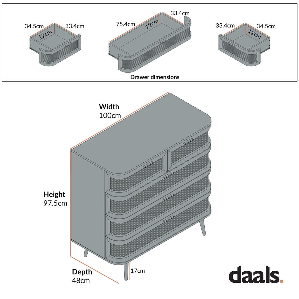 Izzy Curved Rattan Chest of 5 Drawers, Walnut