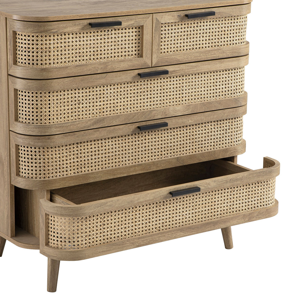 Izzy Curved Rattan Chest of 5 Drawers, Natural
