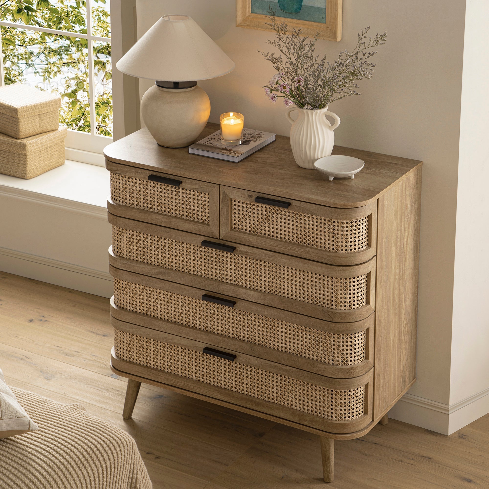 Izzy Curved Rattan Chest of 5 Drawers, Natural