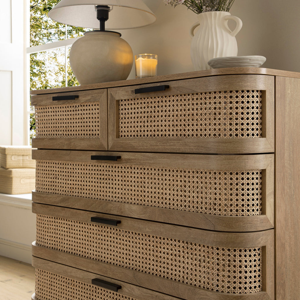 Izzy Curved Rattan Chest of 5 Drawers, Natural
