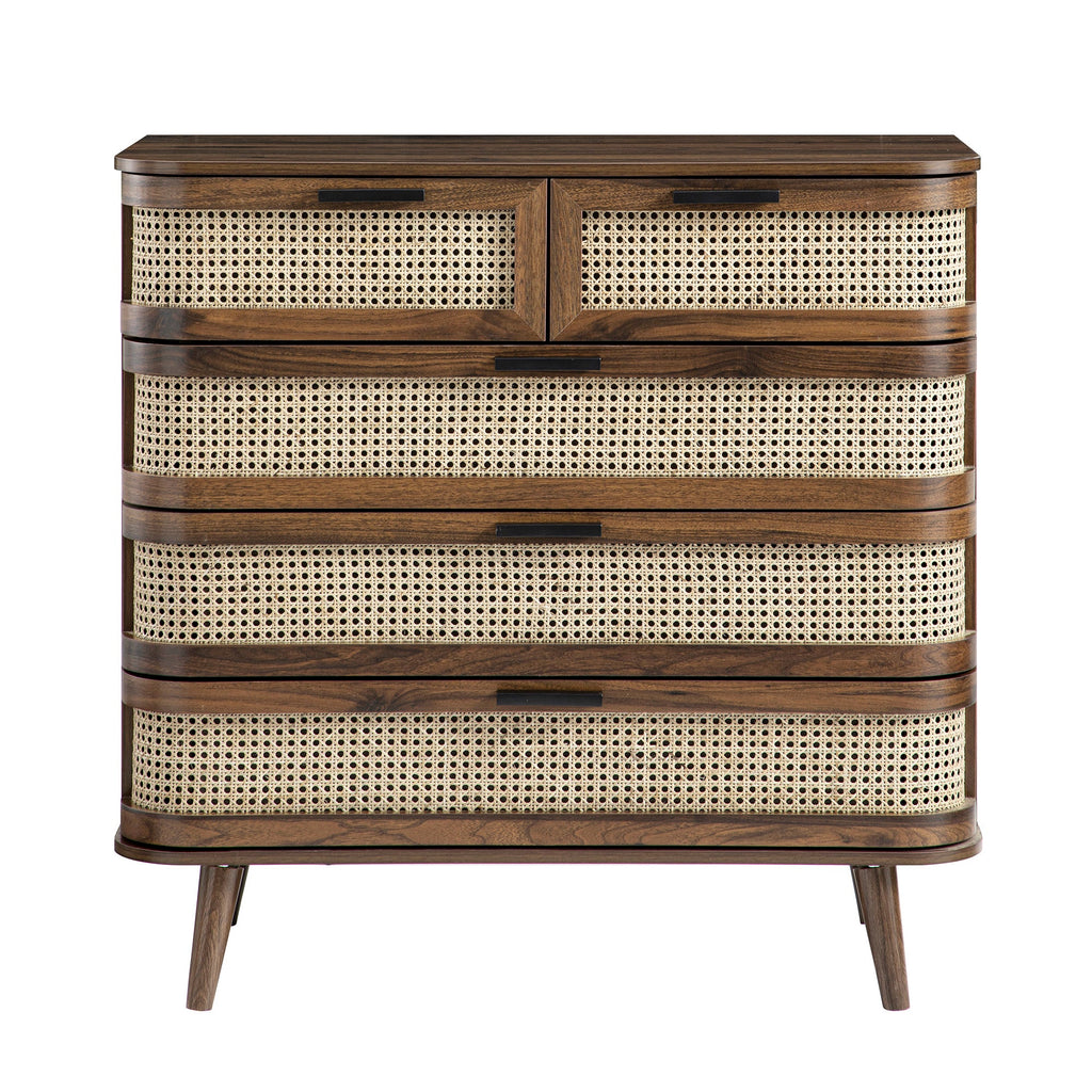 Izzy Curved Rattan Chest of 5 Drawers, Walnut